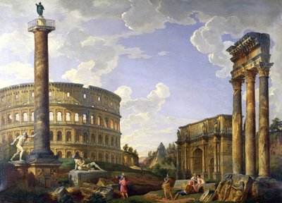 Romeins capriccio met het Colosseum, Borghese-krijger, Trajanus-zuil, de stervende Galliër, graf van Cestius, boog van Constantijn en de tempel van Castor en Pollux door Giovanni Paolo Pannini